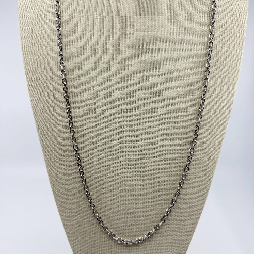 Silver Tone Textured Rolo Chain Necklace Long Lobster Clasp Unisex Minimalist